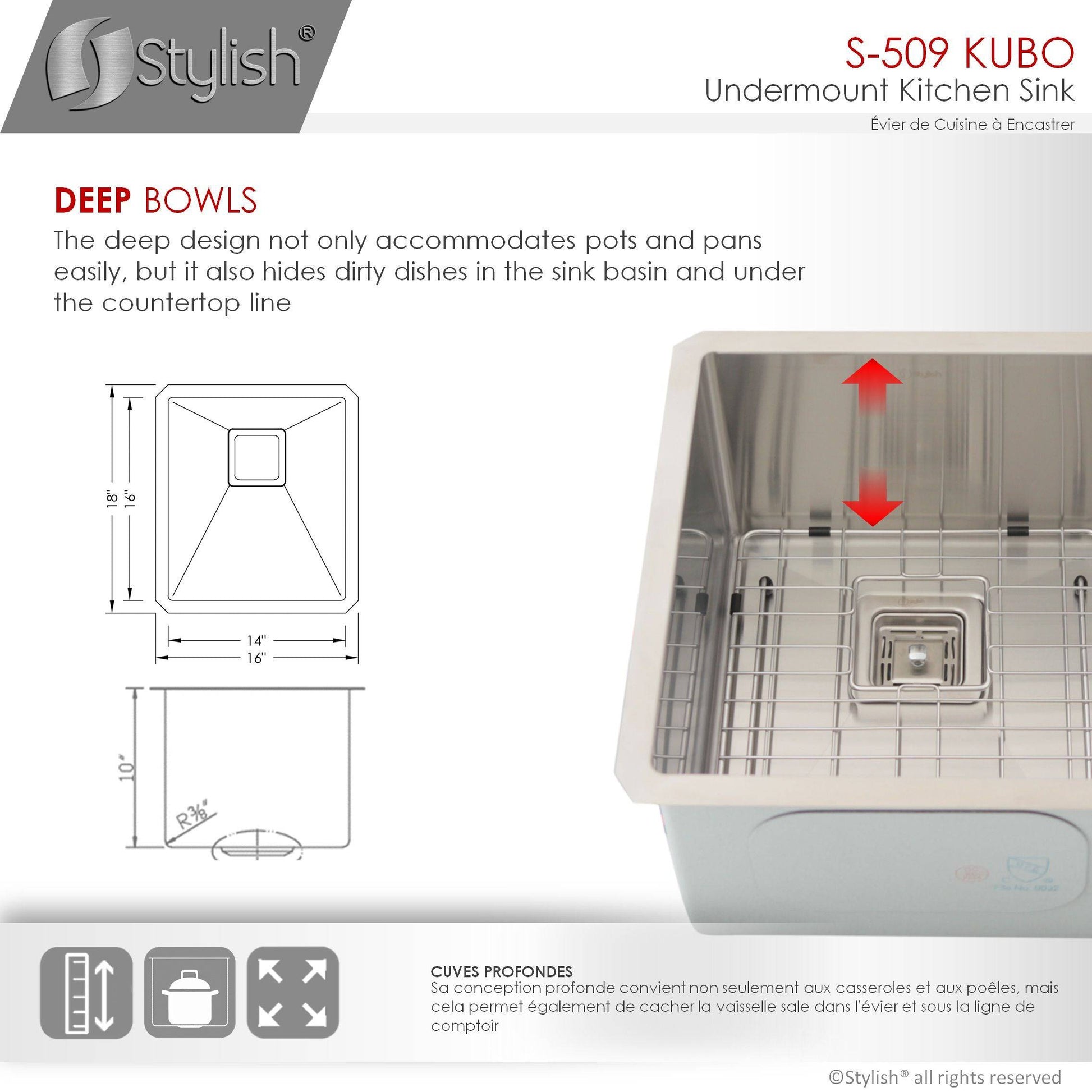 Stylish Kubo 16" x 18" Single Bowl Stainless Steel Kitchen Sink with Square Strainer S-509XG - Renoz