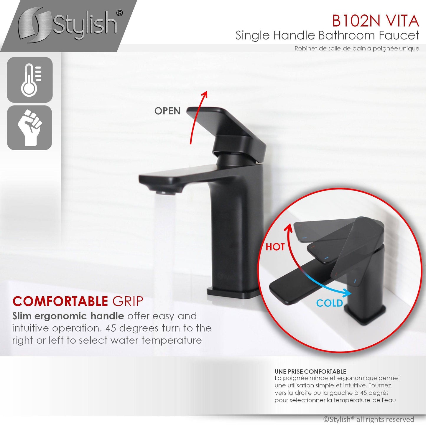 Stylish Vita Single Handle 6" Bathroom Faucet for Single Hole Brass Basin Mixer Tap, Matte Black Finish B-102N - Renoz