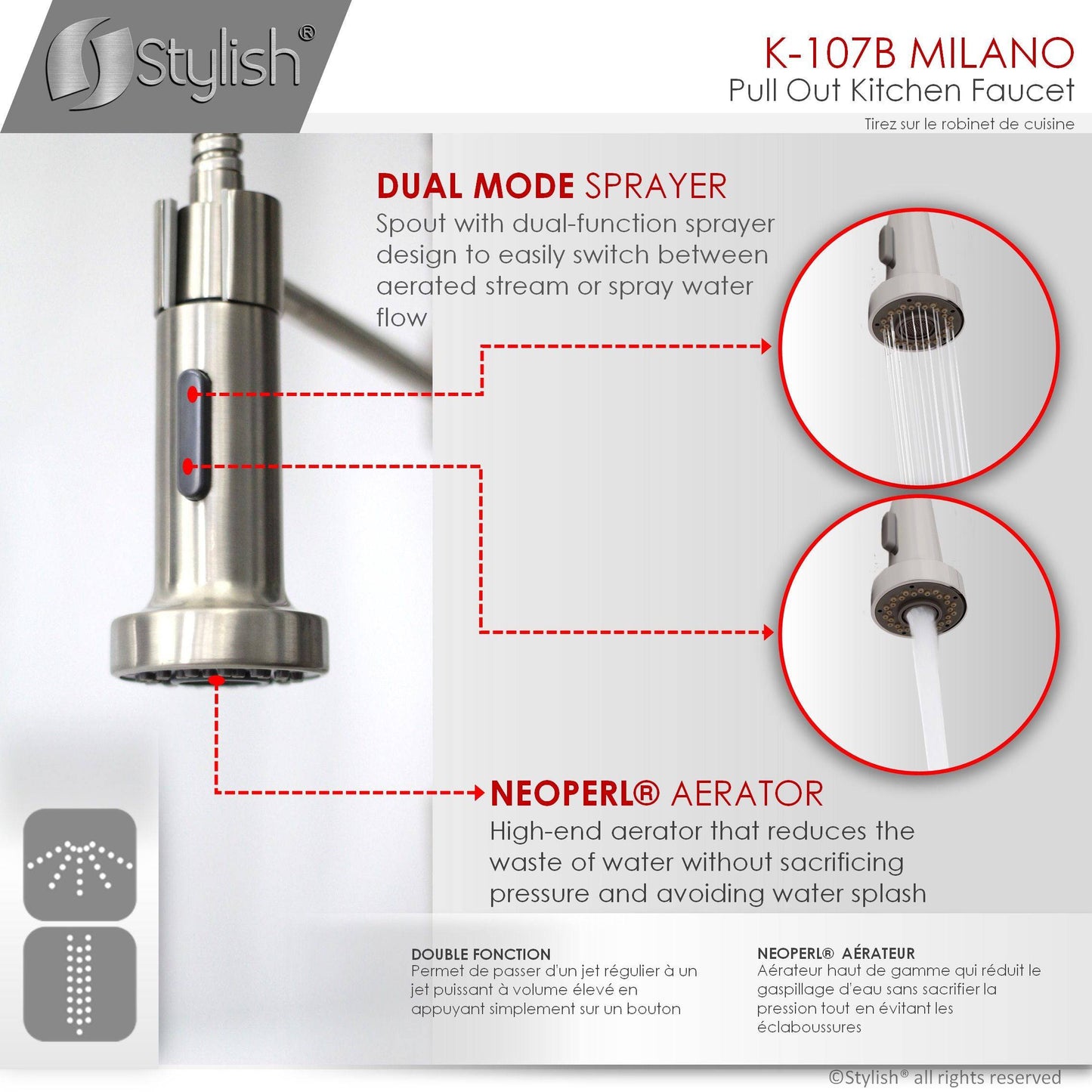 Stylish Milano 17.5" Kitchen Faucet Single Handle Pull Down Dual Mode Lead Free Brushed Nickel Finish K-107B - Renoz