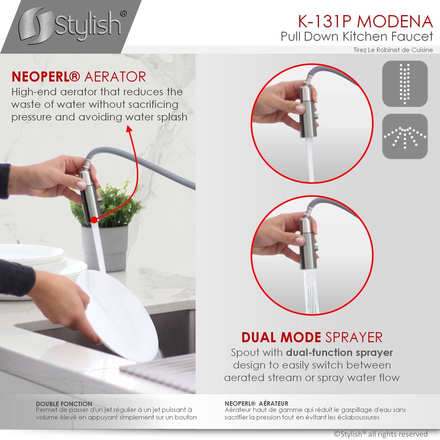 Stylish Modena 14" Kitchen Faucet Single Handle Pull Down Dual Mode Stainless Steel GunMetal Finish K-131P - Renoz