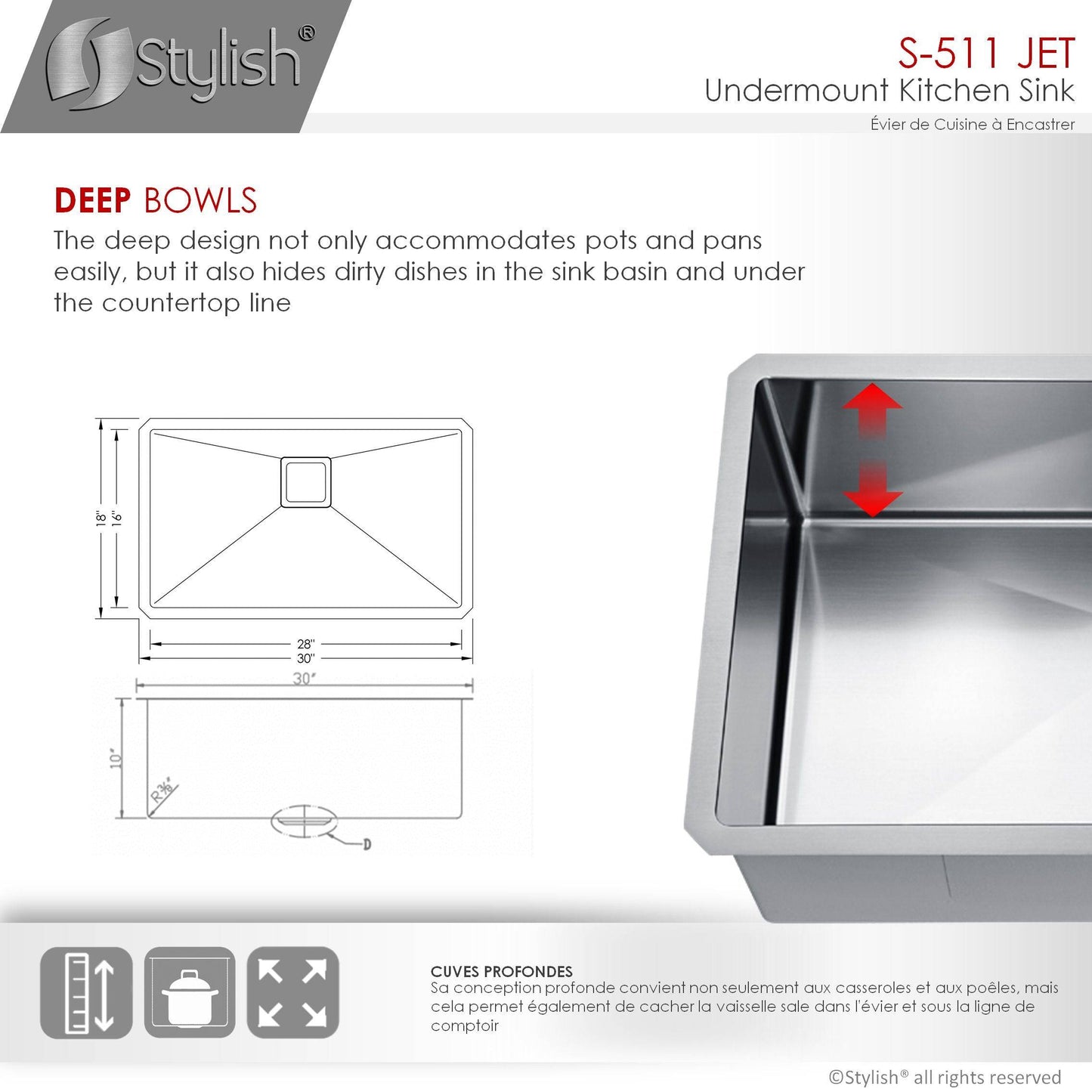Stylish Jet 30" x 18" Single Bowl Stainless Steel Kitchen Sink with Square Strainer S-511XG - Renoz