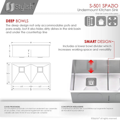 Stylish Spazio 33" x 18" Slim Low Divider Double Bowl Undermount Stainless Steel Kitchen Sink S-501XG - Renoz