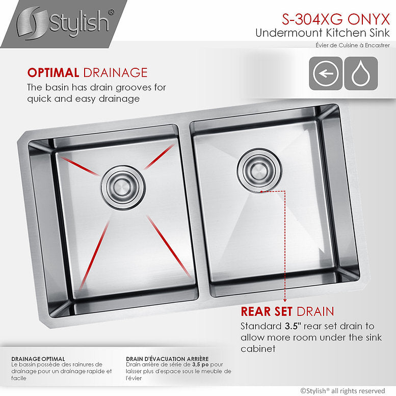 Stylish Onyx 30" x 18" Double Bowl Undermount Stainless Steel Kitchen Sink S-304XG - Renoz