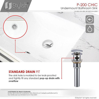 Stylish Chic 20.75" x 15.5" Rectangular Undermount Bathroom Sink with Overflow Polished Chrome P-200 - Renoz