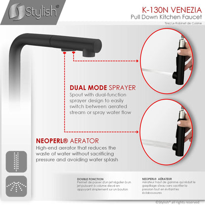 Stylish Venezia 12" Kitchen Faucet Single Handle Pull Down Dual Mode Stainless Steel, Matte Black Finish K-130N - Renoz
