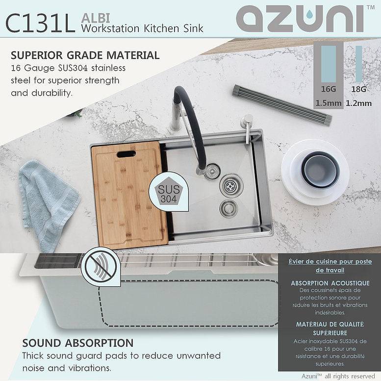 Azuni Albi 30" x 19" Reversible Undermount Workstation Single Bowl Kitchen Sink C131L