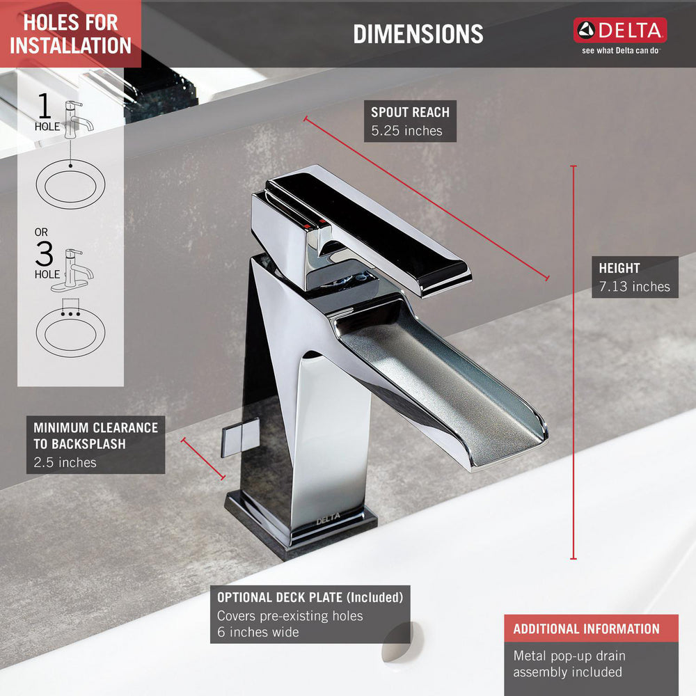 Delta Robinet de salle de bains à canal à poignée unique ARA - Chrome (avec bonde escamotable)