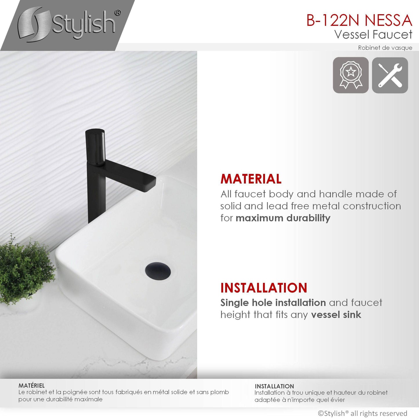 Stylish Nessa Single Handle 12" Bathroom Vessel Sink Faucet, Matte Black Finish B-122NC - Renoz