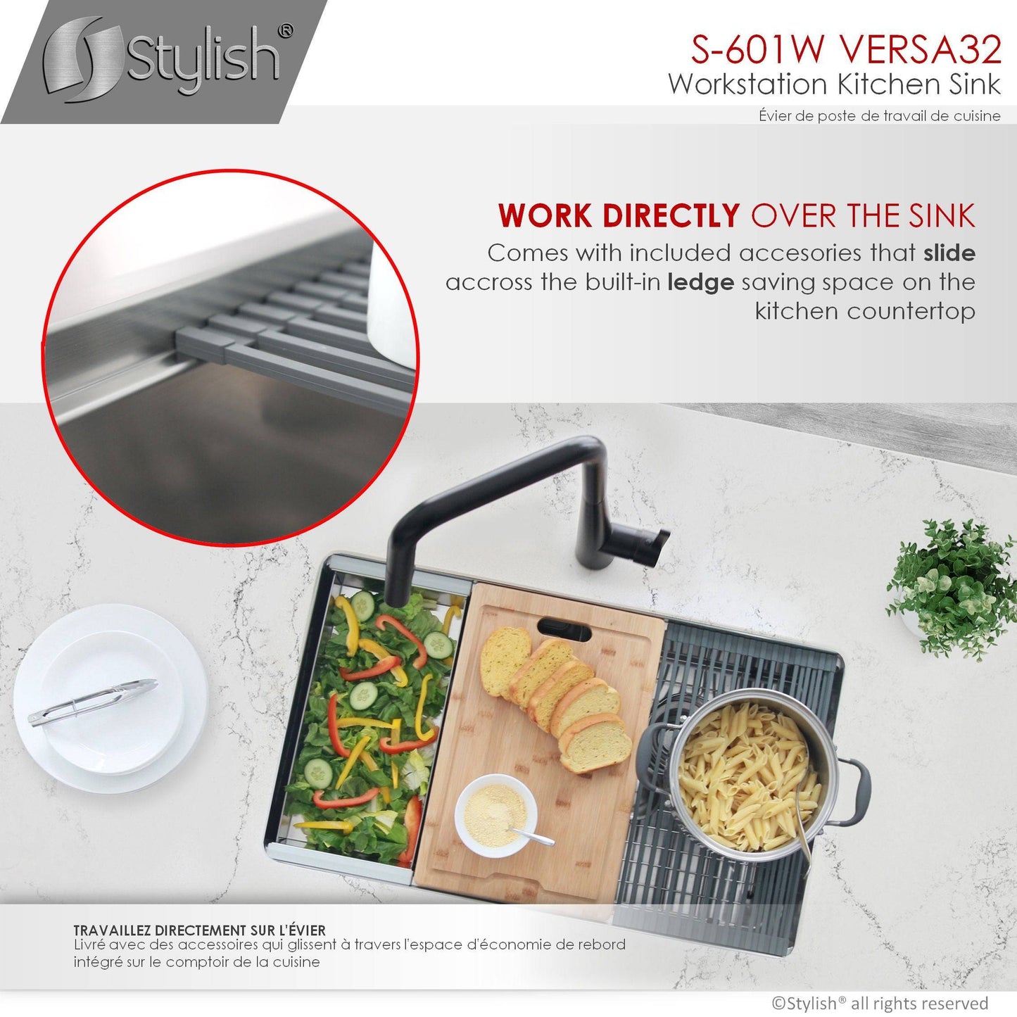 Stylish Versa 32 32" x 19" Workstation Double Bowl Undermount Kitchen Sink with Built in Accessories S-601W