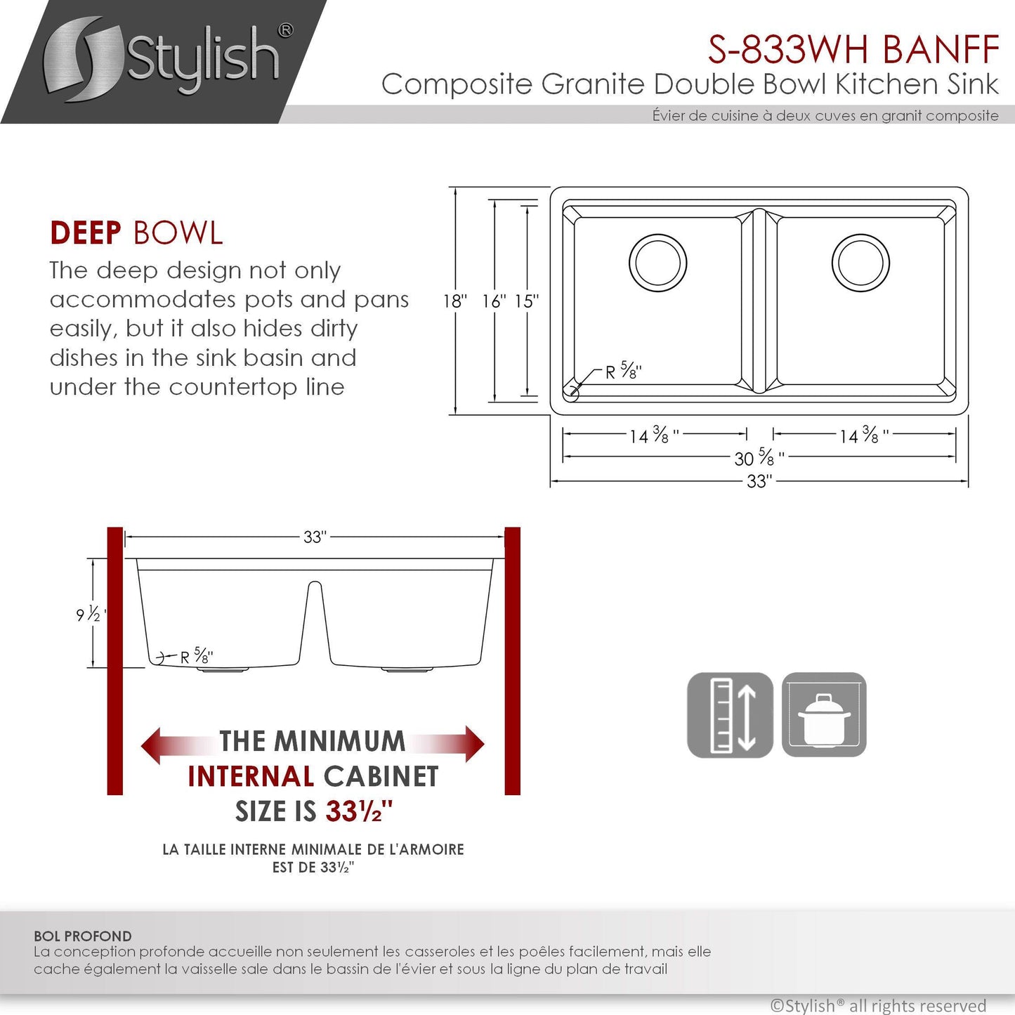 Stylish Banff 33" x 18" Dual Mount Workstation Double Bowl White Composite Granite Kitchen Sink with Built in Accessories