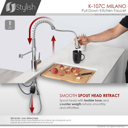 Stylish Milano 17.5" Kitchen Faucet Single Handle Pull Down Dual Mode Lead Free Polished Chrome Finish - Renoz