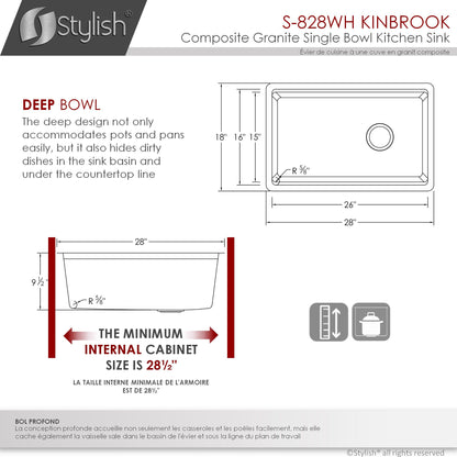 Stylish Kinbrook 28" x 18" Dual Mount Workstation Single Bowl White Composite Granite Kitchen Sink with Built in Accessories