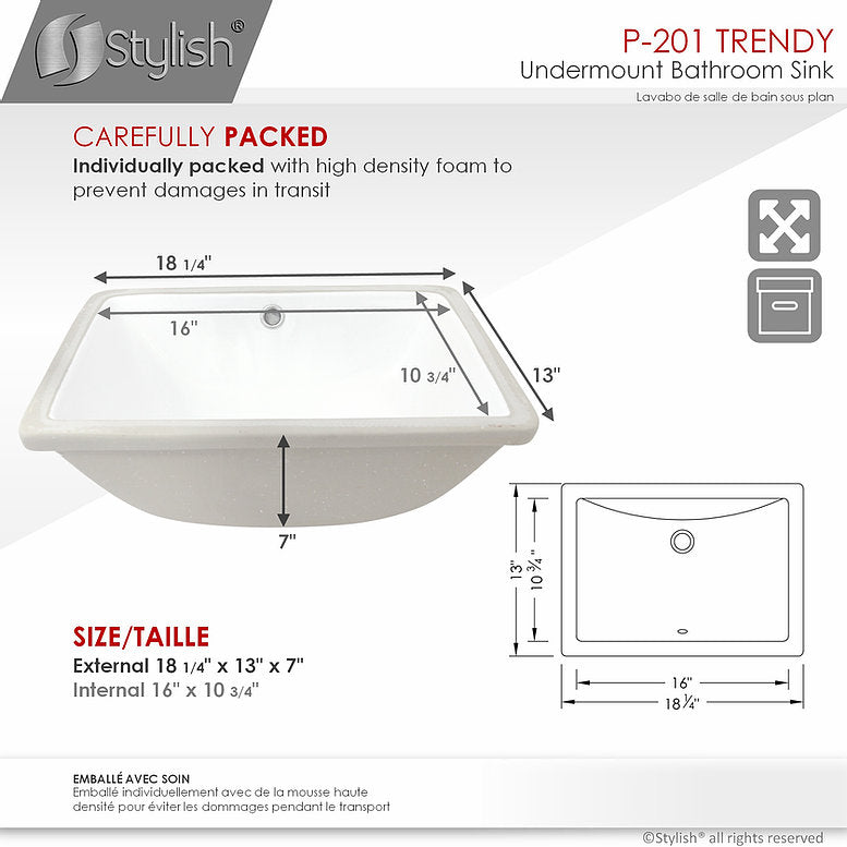 Stylish Trendy 18.25" x 13" Rectangular Undermount Bathroom Sink with Overflow Polished Chrome P-201 - Renoz