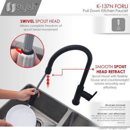 Stylish Forli 18.5" Kitchen Faucet Single Handle Pull Down Dual Mode Stainless Steel Matte Black Finish K-137N
