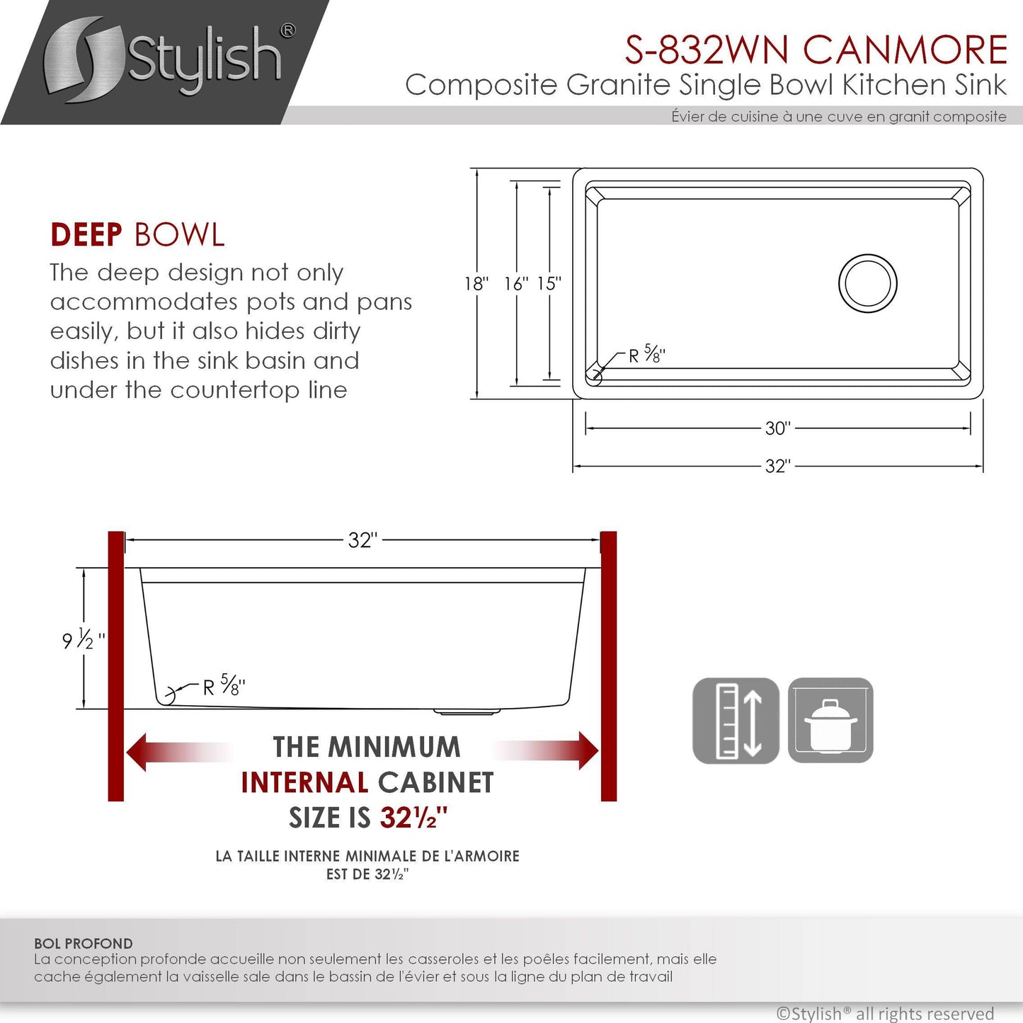 Stylish Canmore 32" x 18" Dual Mount Workstation Single Bowl Black Composite Granite Kitchen Sink with Built in Accessories