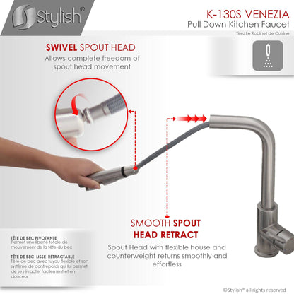 Stylish Venezia 12" Kitchen Faucet Single Handle Pull Down Dual Mode Stainless Steel, Brushed Finish K-130S - Renoz