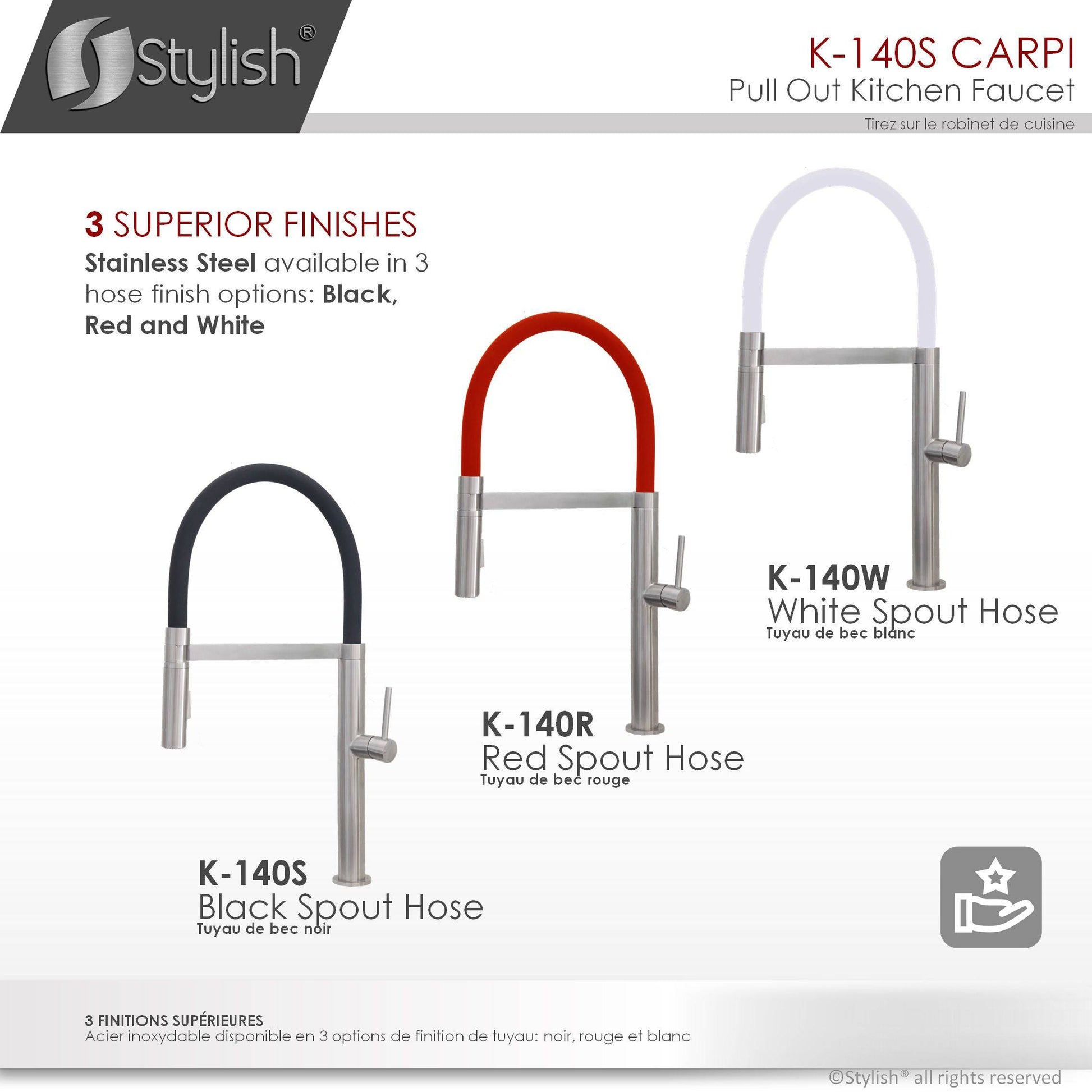 Stylish Carpi 20" Stainless Steel Single Handle Pull Out Dual Mode Kitchen Faucet with Black Spout Hose K-140S - Renoz