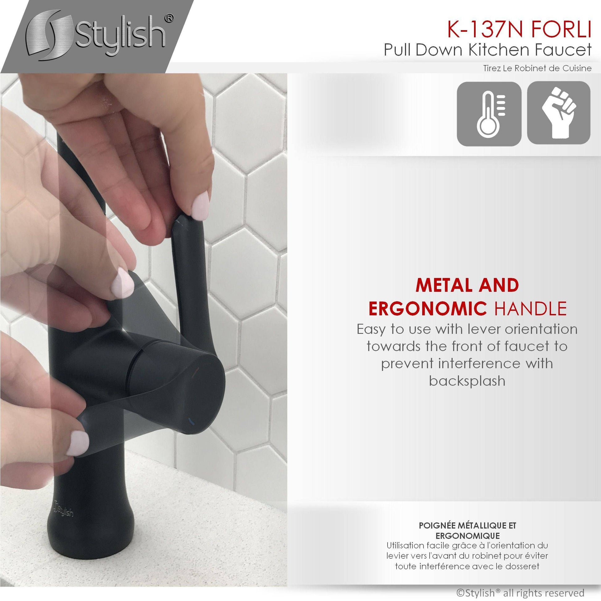 Stylish Forli 18.5" Kitchen Faucet Single Handle Pull Down Dual Mode Stainless Steel Matte Black Finish K-137N - Renoz