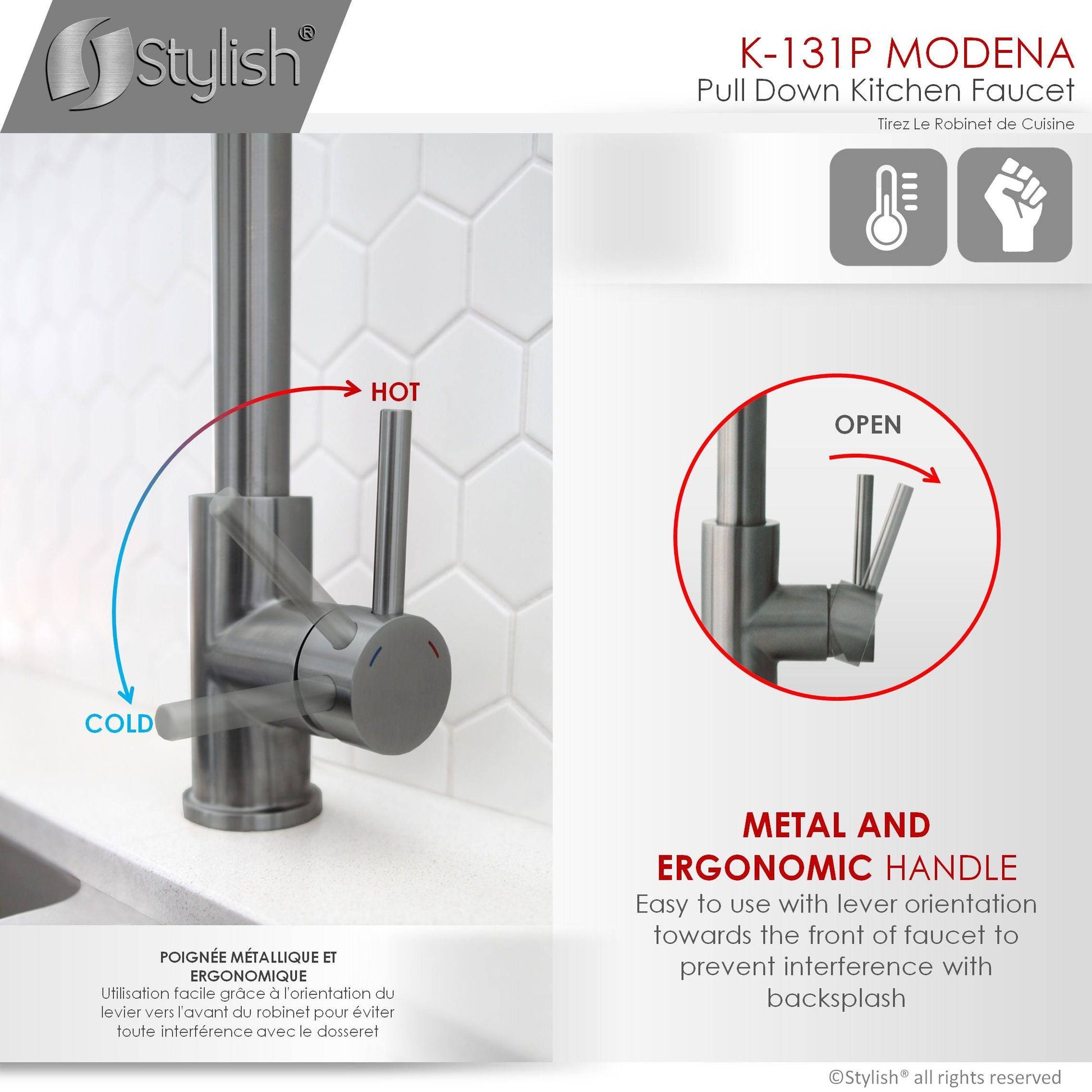 Stylish Modena 14" Kitchen Faucet Single Handle Pull Down Dual Mode Stainless Steel GunMetal Finish K-131P - Renoz