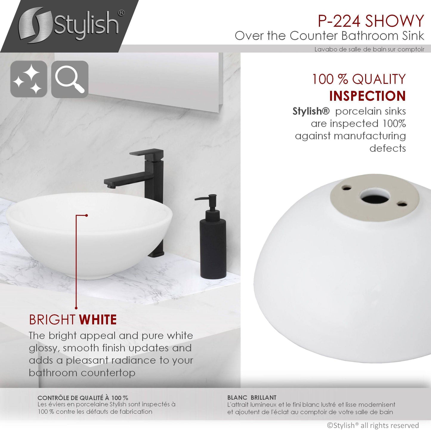 Stylish Showy 16" x 16" White Round Ceramic Vessel Bathroom Sink P-224 - Renoz