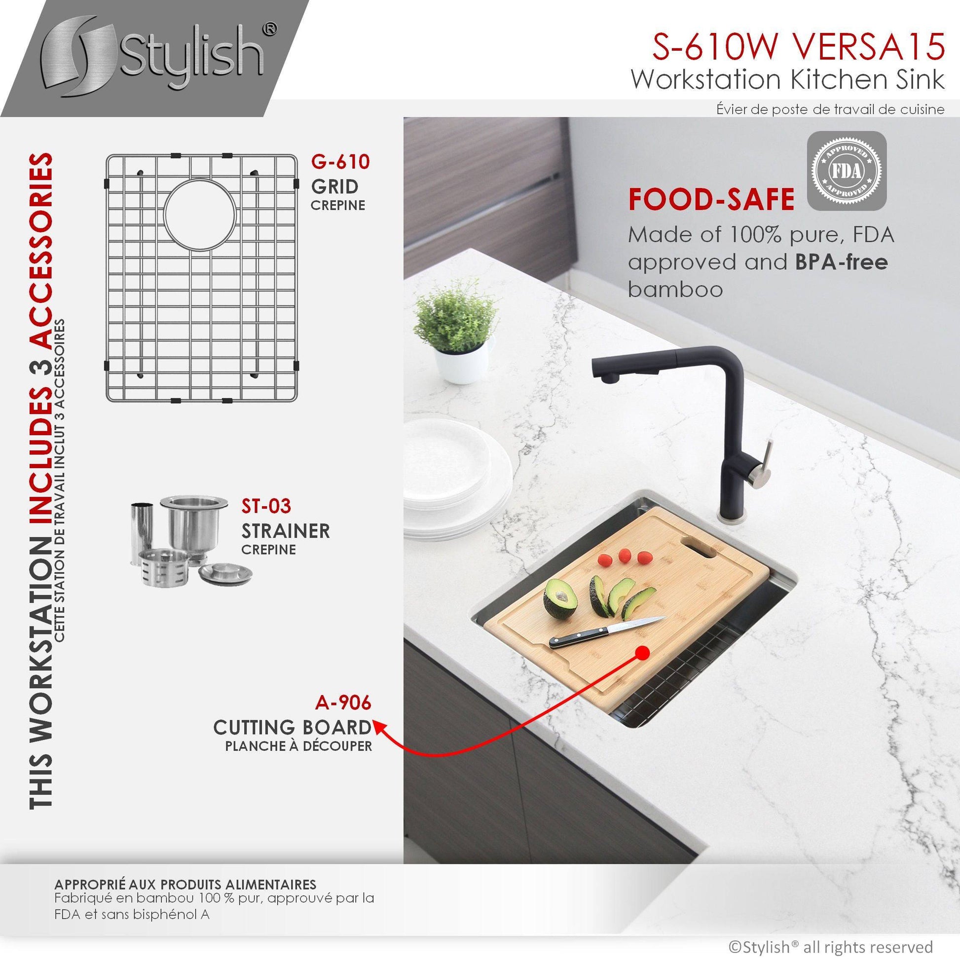 Stylish Versa15 15" x 19" Workstation Single Bowl Undermount 16 Gauge Stainless Steel Kitchen Sink with Built in Accessories S-610W - Renoz