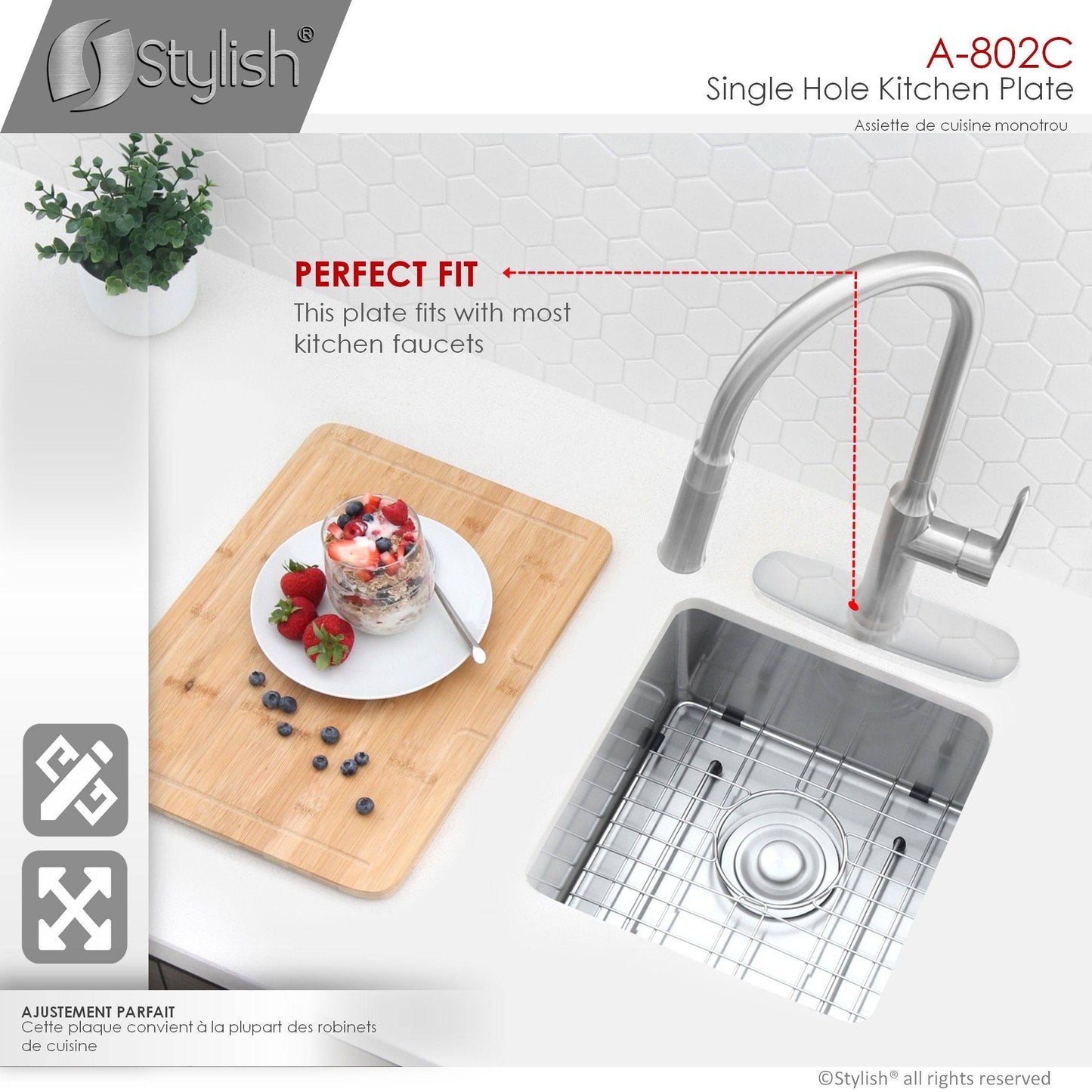 Stylish Kitchen Faucet Plate in Stainless Steel in Polished Chrome Finish A-802C - Renoz
