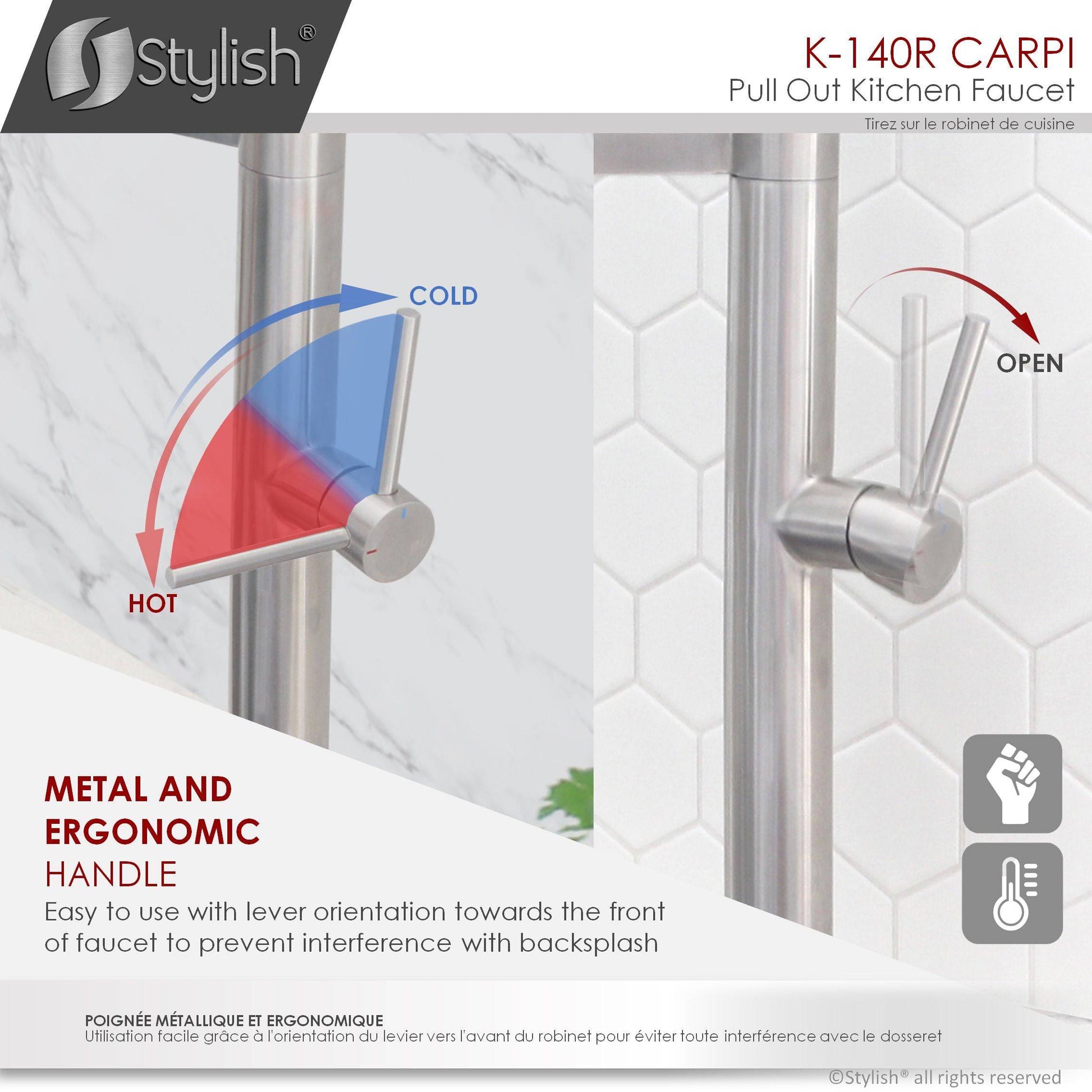 Stylish Carpi 20" Stainless Steel Single Handle Pull Out Dual Mode Kitchen Faucet with Red Spout Hose K-140R - Renoz