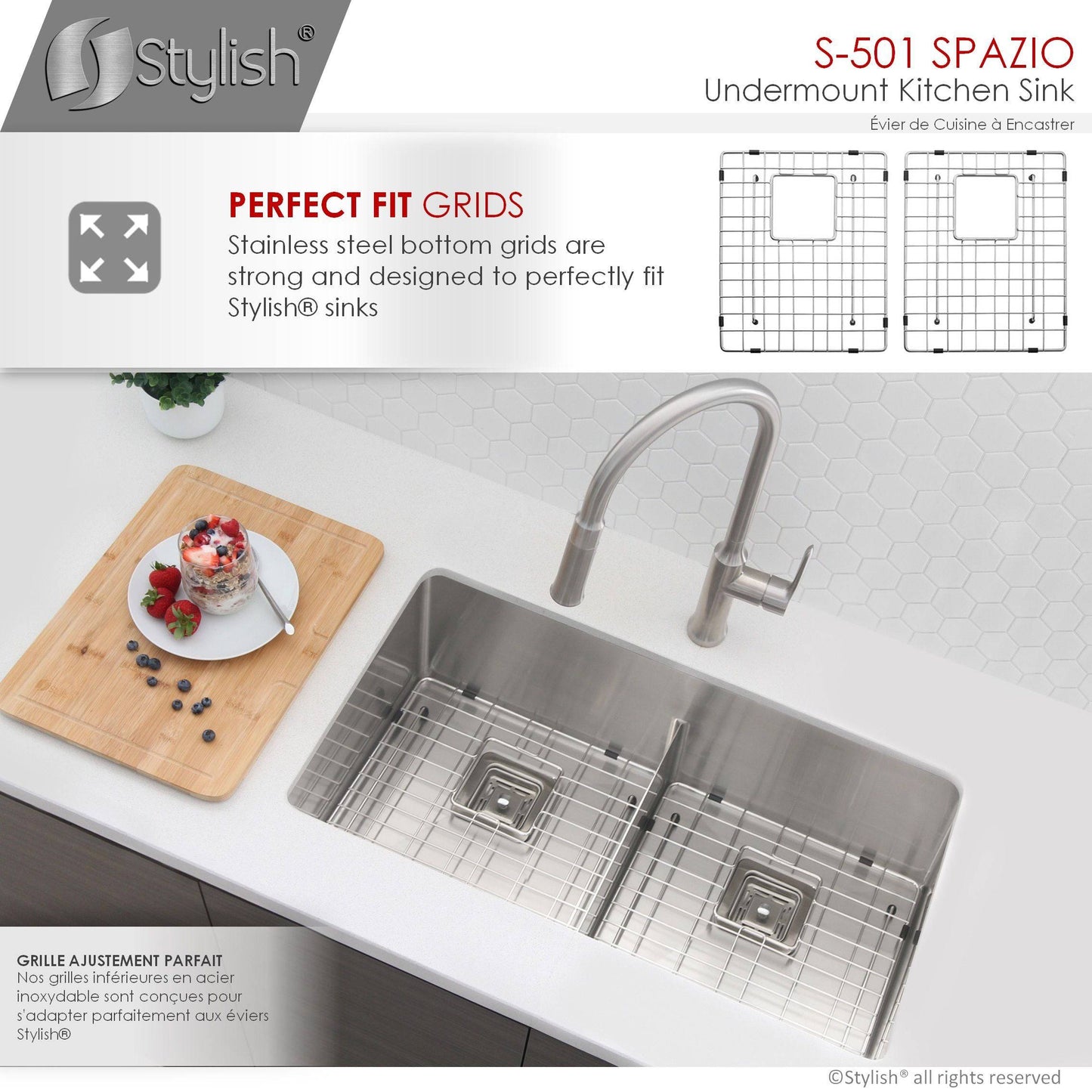 Stylish Spazio 33" x 18" Slim Low Divider Double Bowl Undermount Stainless Steel Kitchen Sink S-501XG - Renoz