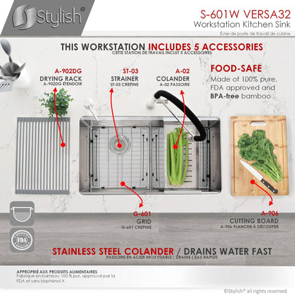 Stylish Versa 32 32" x 19" Workstation Double Bowl Undermount Kitchen Sink with Built in Accessories S-601W - Renoz
