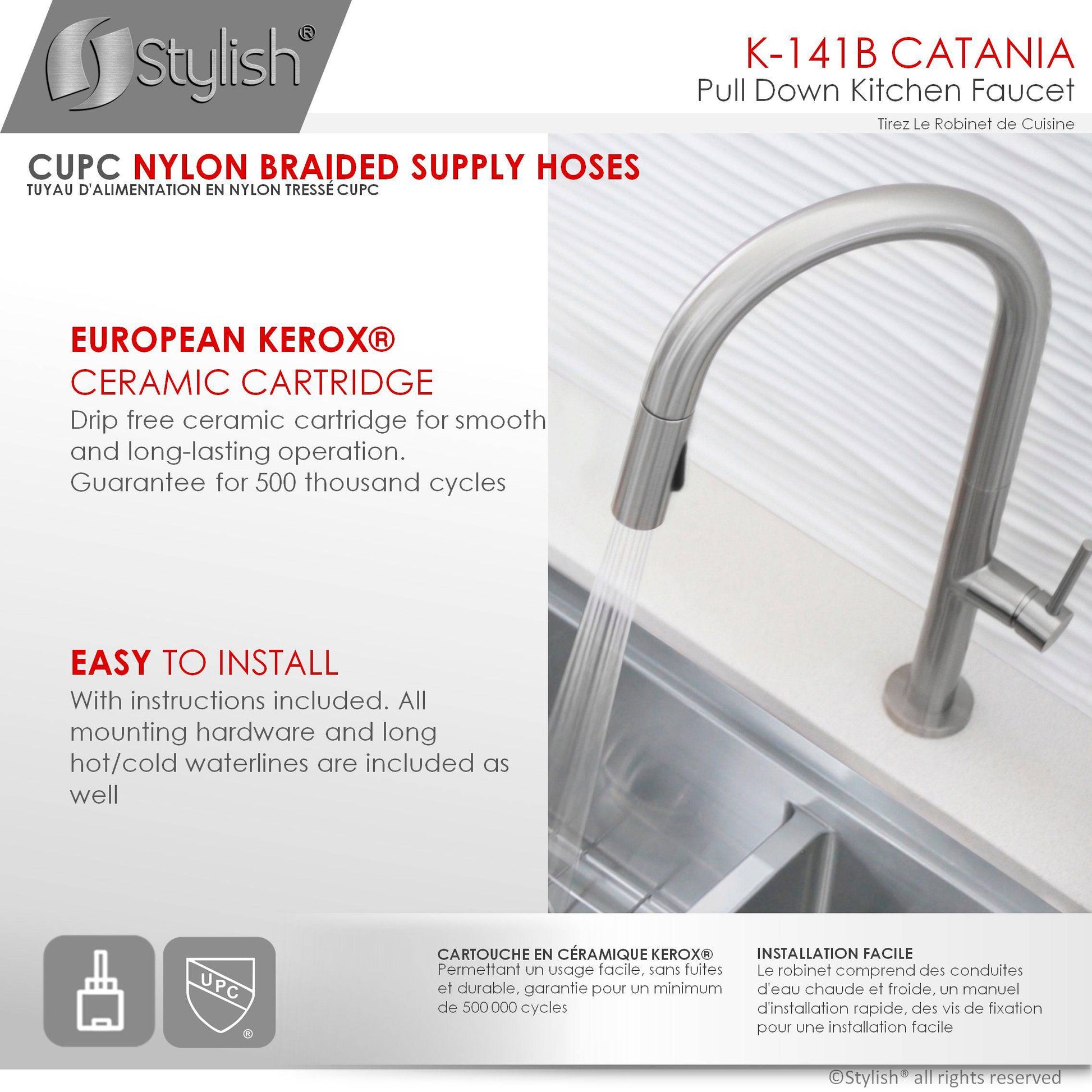 Stylish Catania 17.25" Kitchen Faucet Single Handle Pull Down Dual Mode Lead Free Brushed Nickel Finish K-141B - Renoz