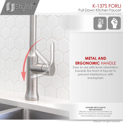 Stylish Forli 18.5" Kitchen Faucet Single Handle Pull Down Dual Mode Stainless Steel Brushed Finish K-137S - Renoz