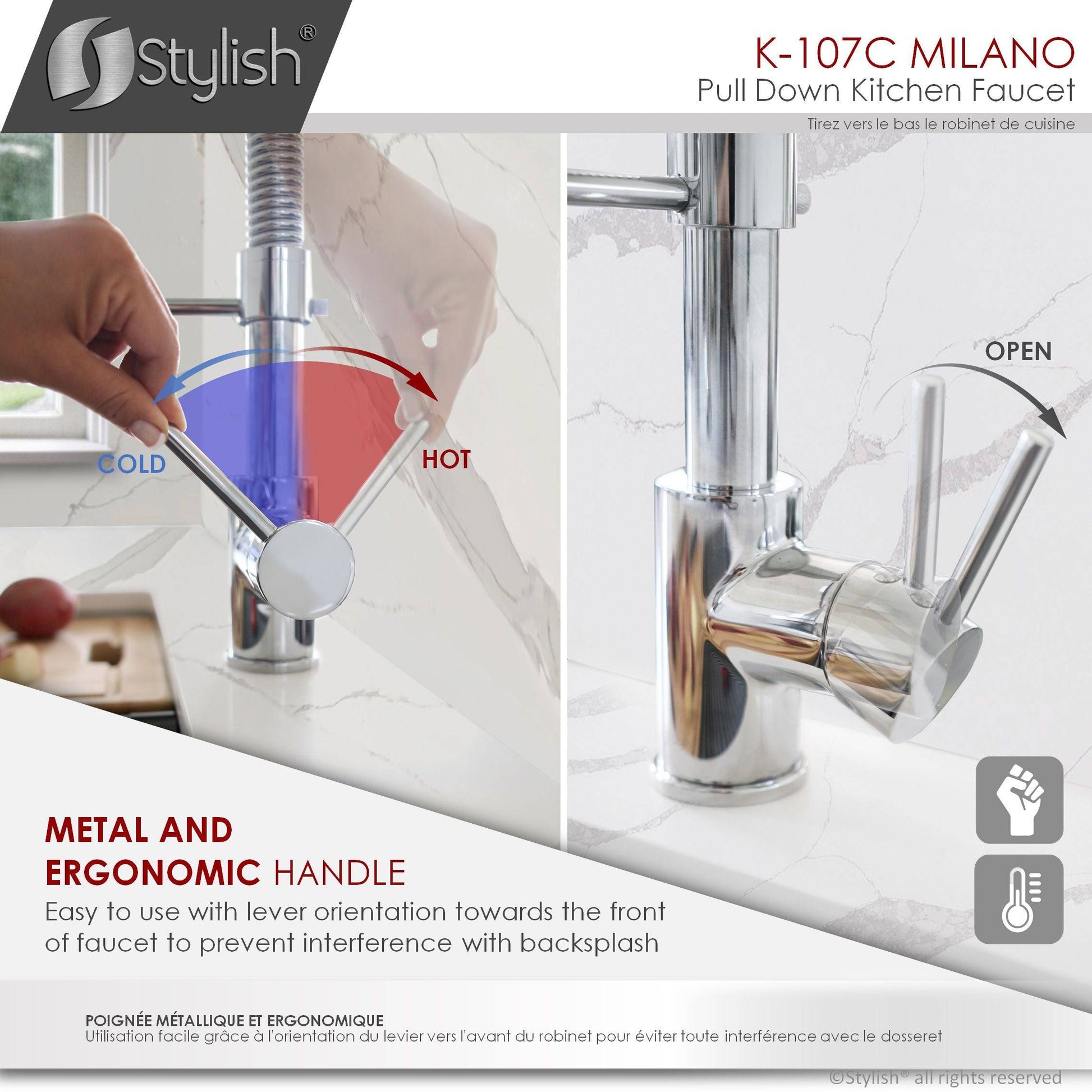 Stylish Milano 17.5" Kitchen Faucet Single Handle Pull Down Dual Mode Lead Free Polished Chrome Finish - Renoz