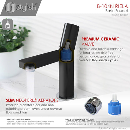 Stylish Riela 7" Single Handle Modern Bathroom Basin Faucet in Matte Black with Chrome accents Finish B-104N