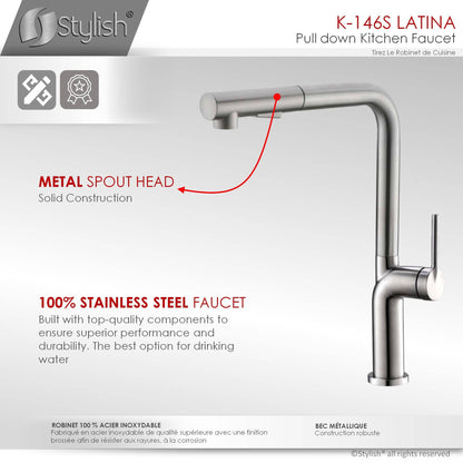 Stylish Latina 13" Kitchen Faucet Single Handle Pull Down Dual Mode Stainless Steel Brushed Finish K-146S - Renoz