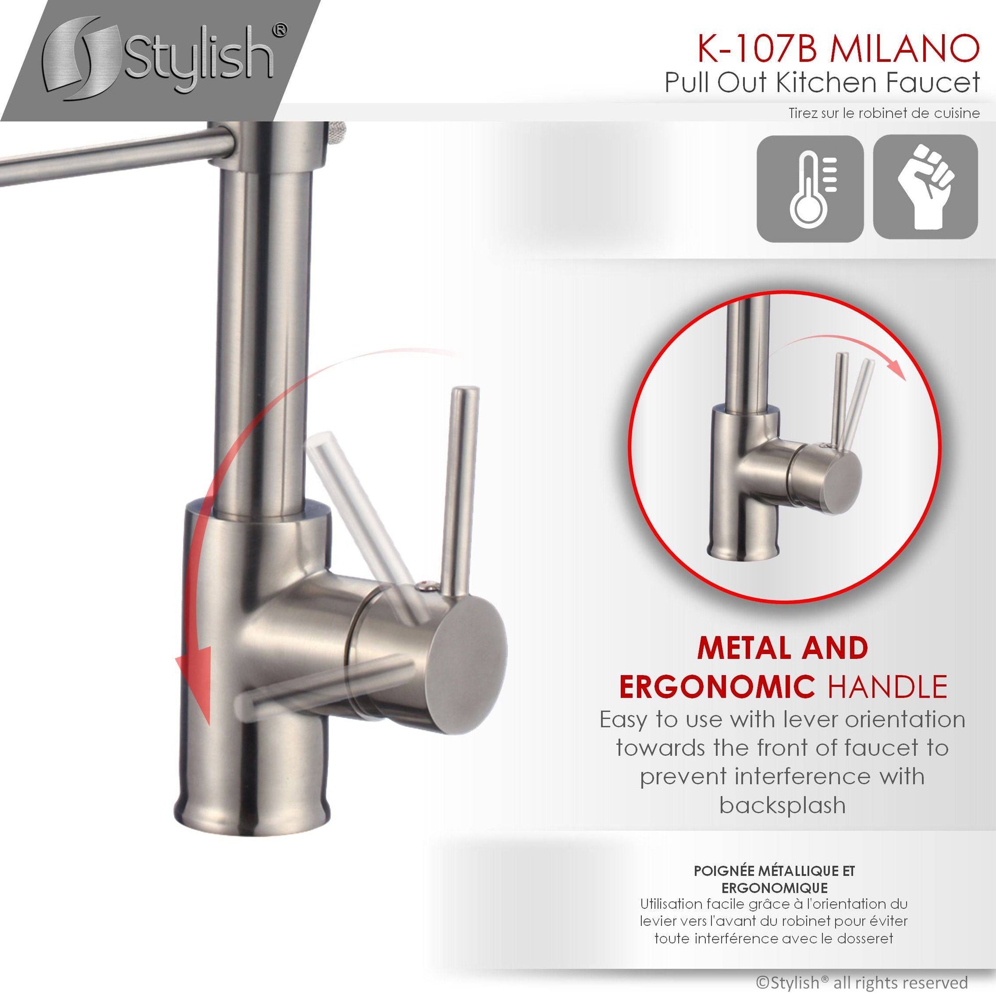 Stylish Milano 17.5" Kitchen Faucet Single Handle Pull Down Dual Mode Lead Free Brushed Nickel Finish K-107B - Renoz
