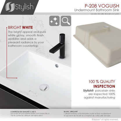 Stylish Voguish 24" x 16" Rectangular Undermount Ceramic Bathroom Sink with 2 Overflow Finishes P-208 - Renoz