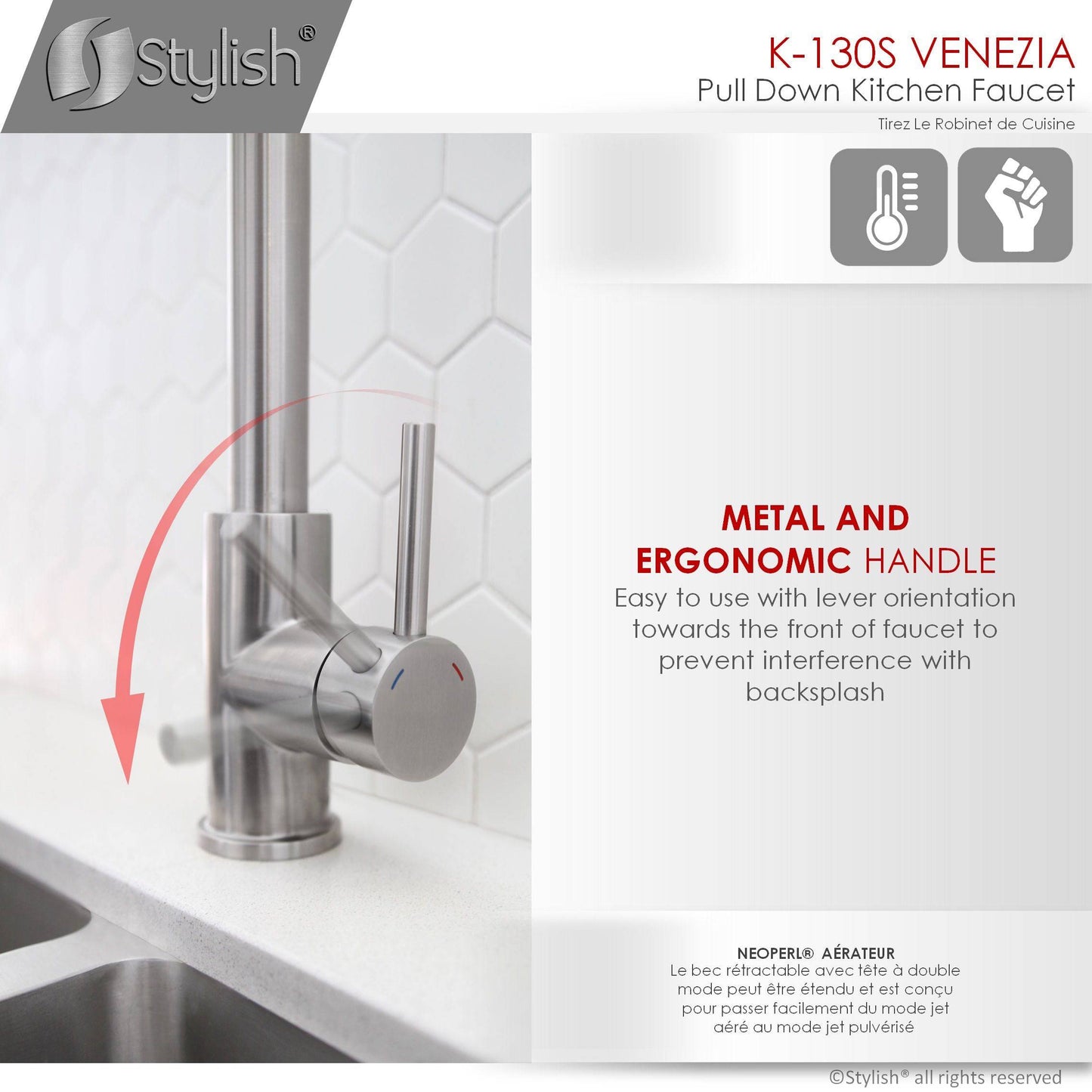 Stylish Venezia 12" Kitchen Faucet Single Handle Pull Down Dual Mode Stainless Steel, Brushed Finish K-130S - Renoz