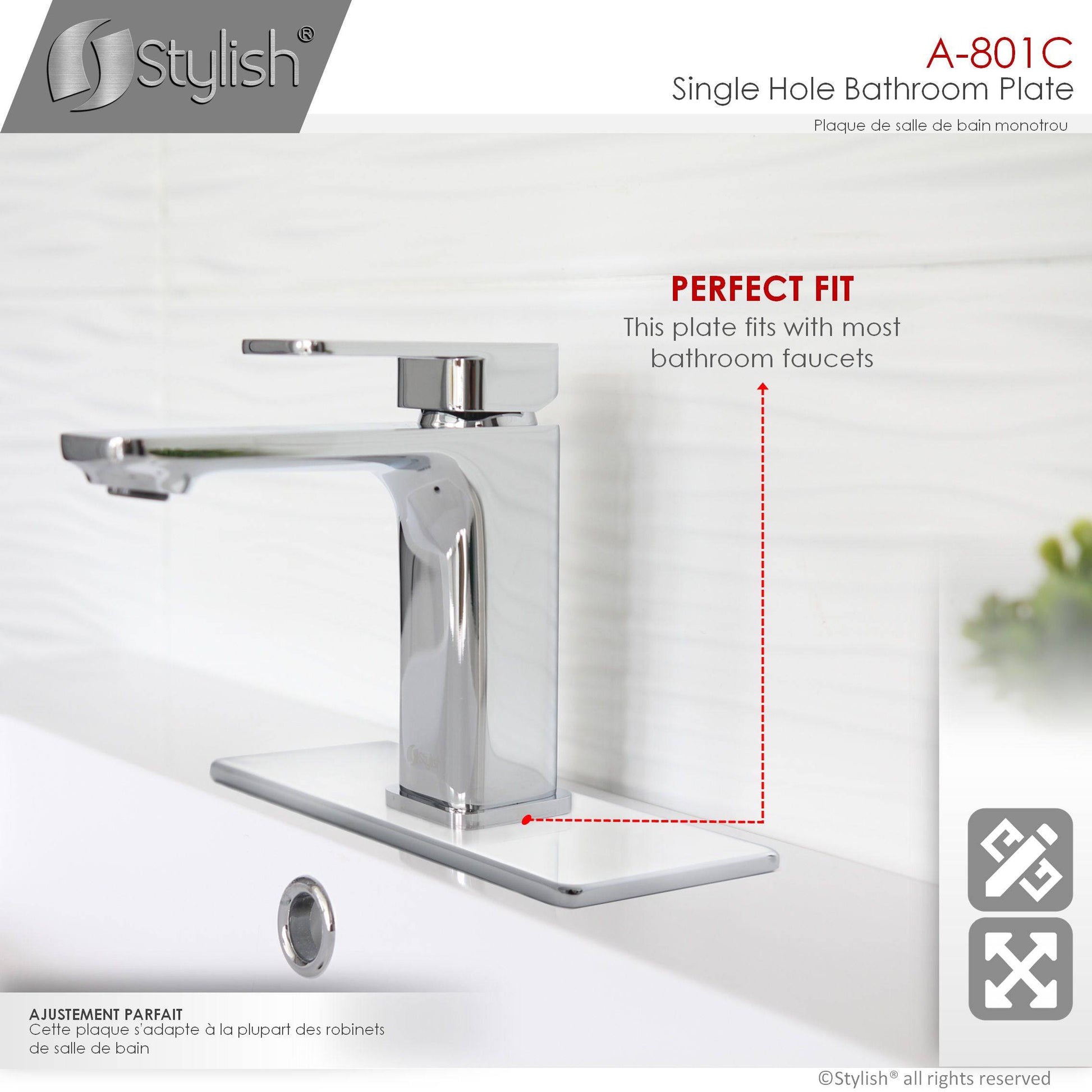 Stylish Single Hole Bathroom Faucet Plate in Polished Chrome Finish A-801C - Renoz