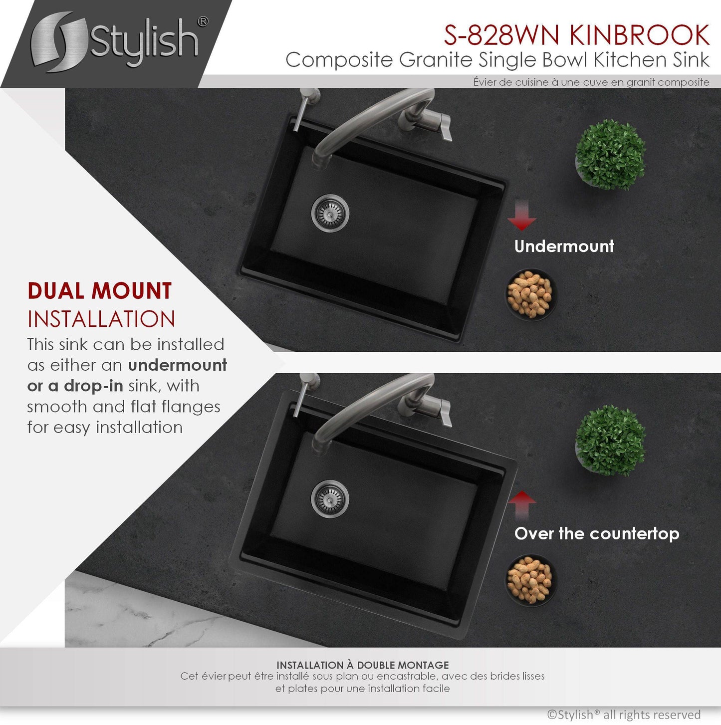 Stylish Kinbrook 28" x 18" Dual Mount Workstation Single Bowl Black Composite Granite Kitchen Sink with Built in Accessories