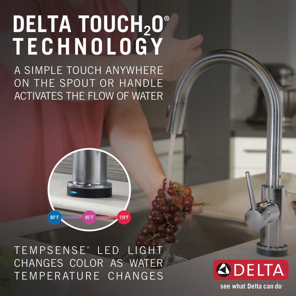 Delta Robinet de cuisine à tirette à poignée unique TRINSIC VoiceIQ avec technologie Touch2O - Acier inoxydable arctique