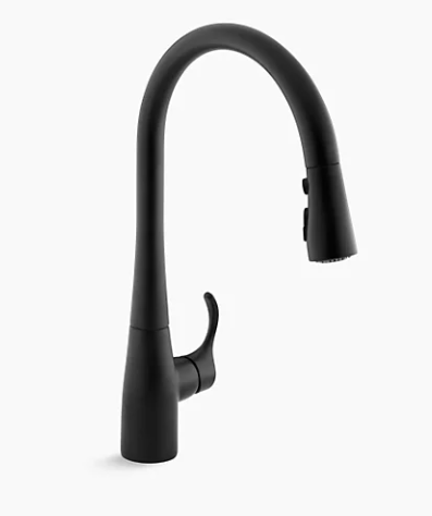 Robinet d'évier de cuisine Kohler Simplice à un ou trois trous avec bec rétractable de 16 5/8 po, système d'accueil magnétique Docknetik et tête de pulvérisation à 3 fonctions avec jet à balayage - Noir mat