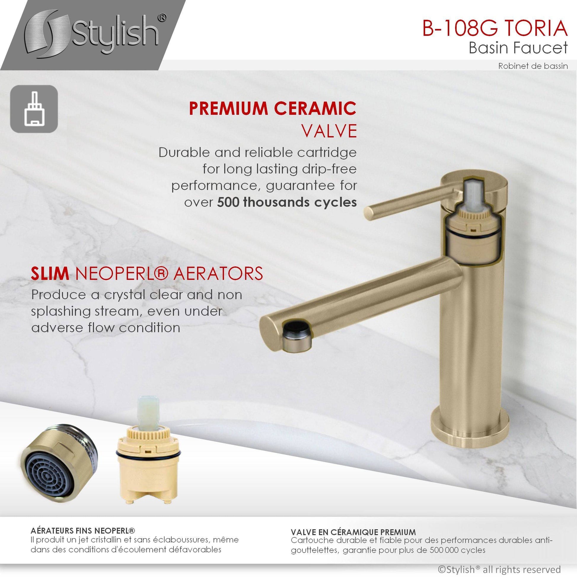 Stylish Toria 6" Single Handle Basin Bathroom Faucet in Brushed Gold Finish B-108G - Renoz