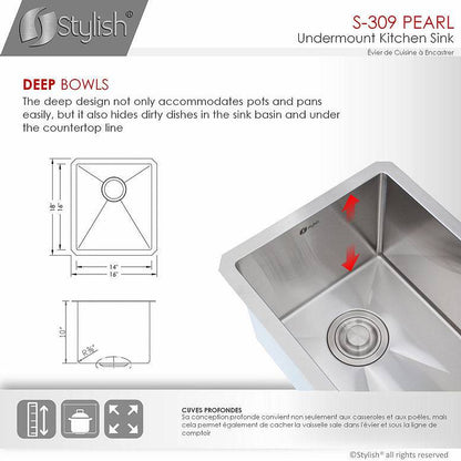 Stylish Pearl 16" x 18" Single Bowl Undermount Stainless Steel Kitchen Bar Sink S-309XG - Renoz
