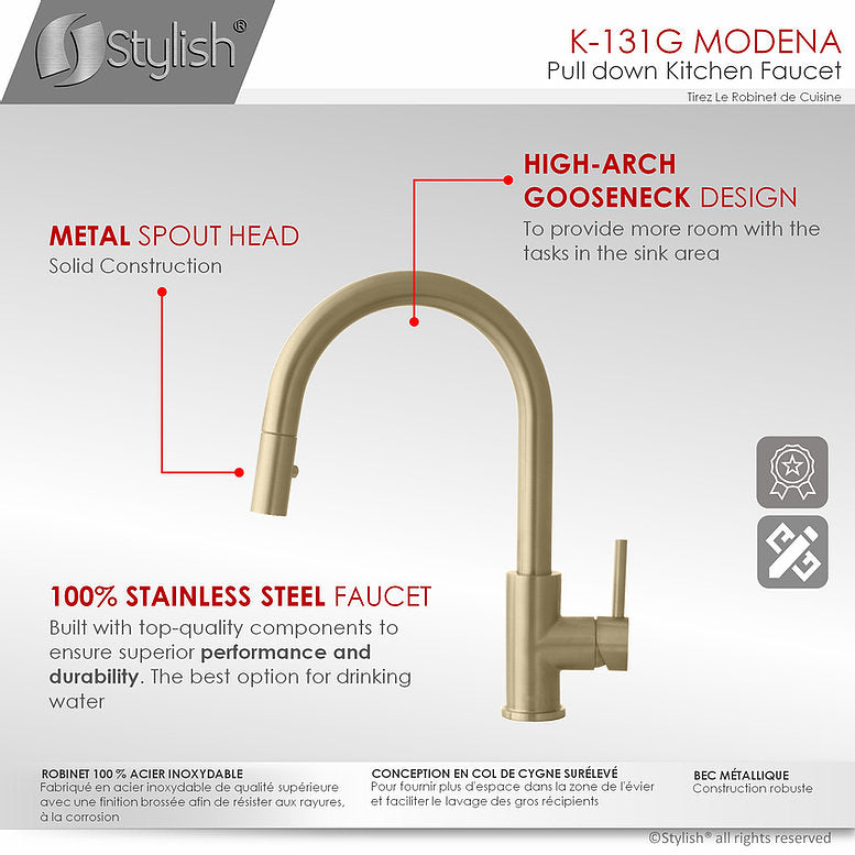 Stylish Modena 14" Kitchen Faucet Single Handle Pull Down Dual Mode Stainless Steel Gold Finish K-131G - Renoz