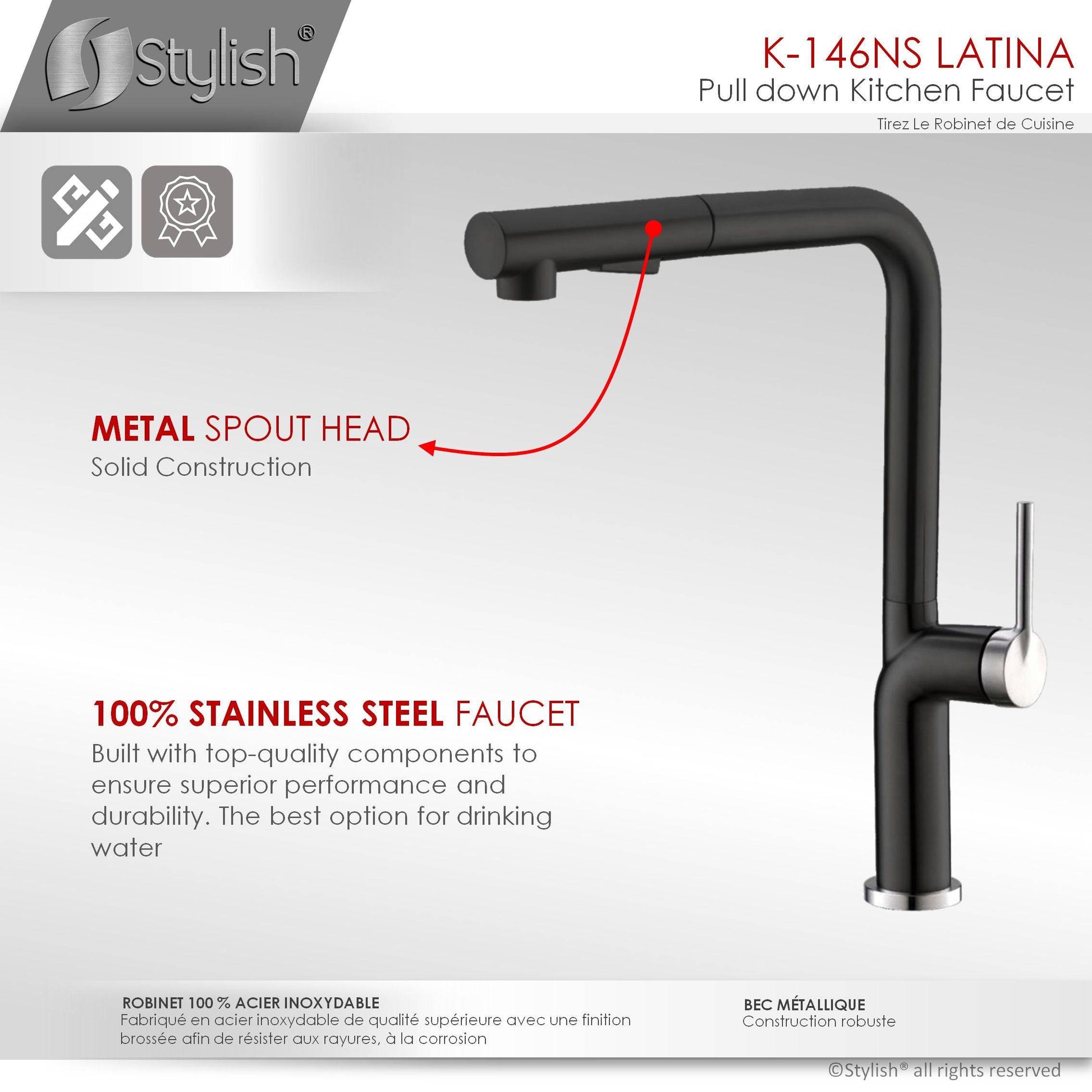 Stylish Latina 13" Kitchen Faucet Single Handle Pull Down Dual Mode Stainless Steel Matte Black with Silver Base and Handle Finish K-146NS - Renoz