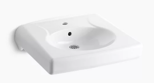 Kohler Brenham Wall-Mounted Or Concealed Carrier Arm Mounted Commercial Bathroom Sink With Single Faucet Hole - White