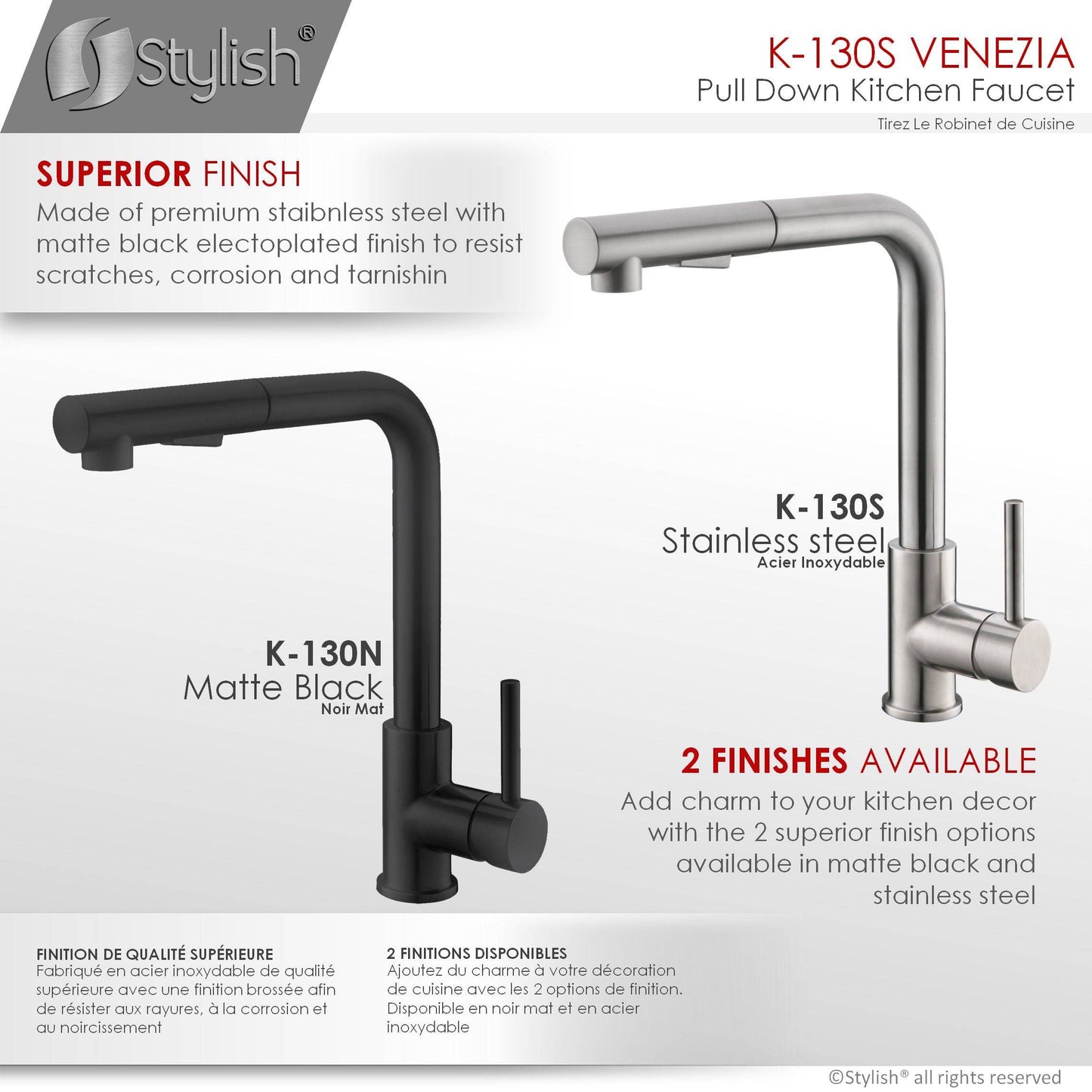 Stylish Venezia 12" Kitchen Faucet Single Handle Pull Down Dual Mode Stainless Steel, Brushed Finish K-130S