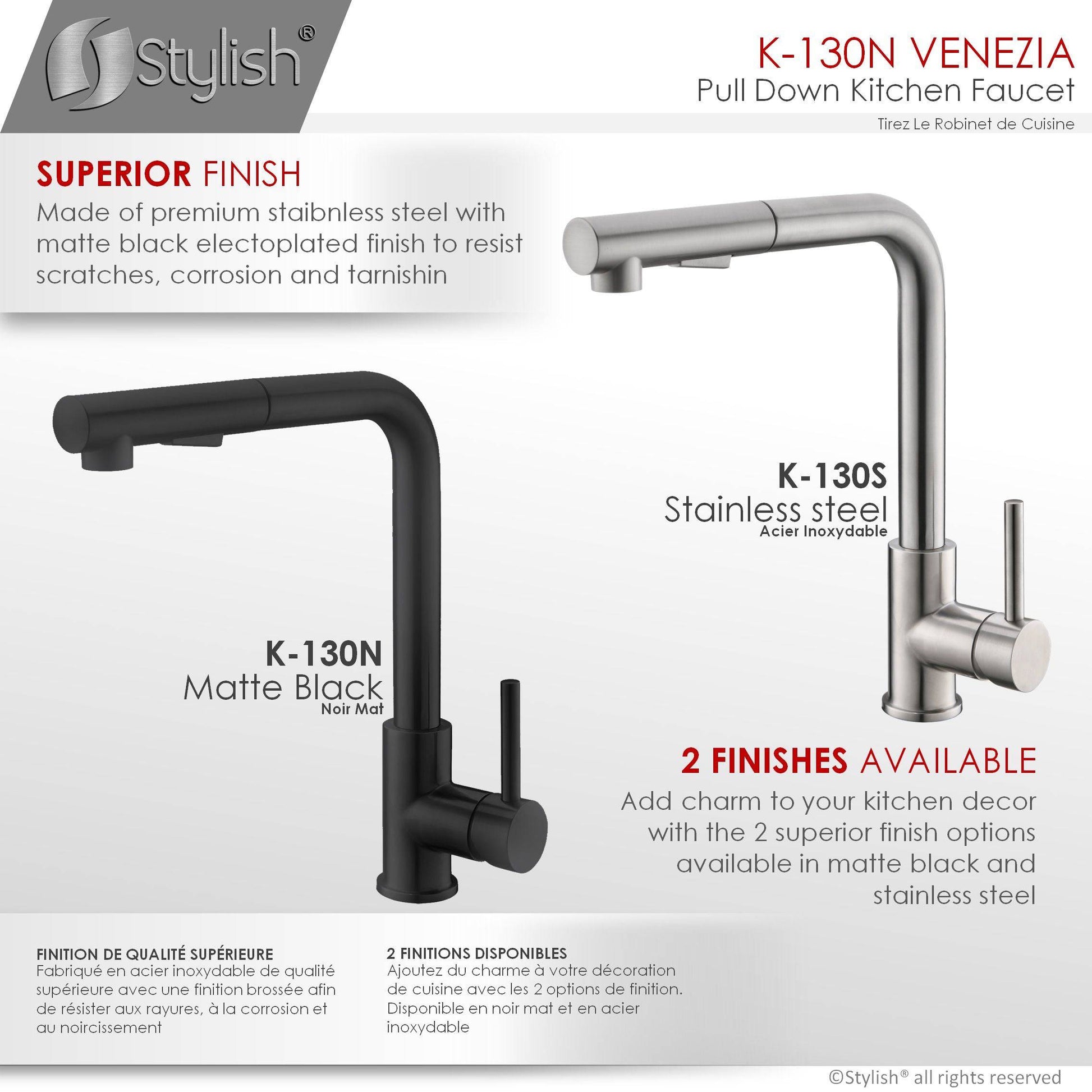 Stylish Venezia 12" Kitchen Faucet Single Handle Pull Down Dual Mode Stainless Steel, Matte Black Finish K-130N - Renoz