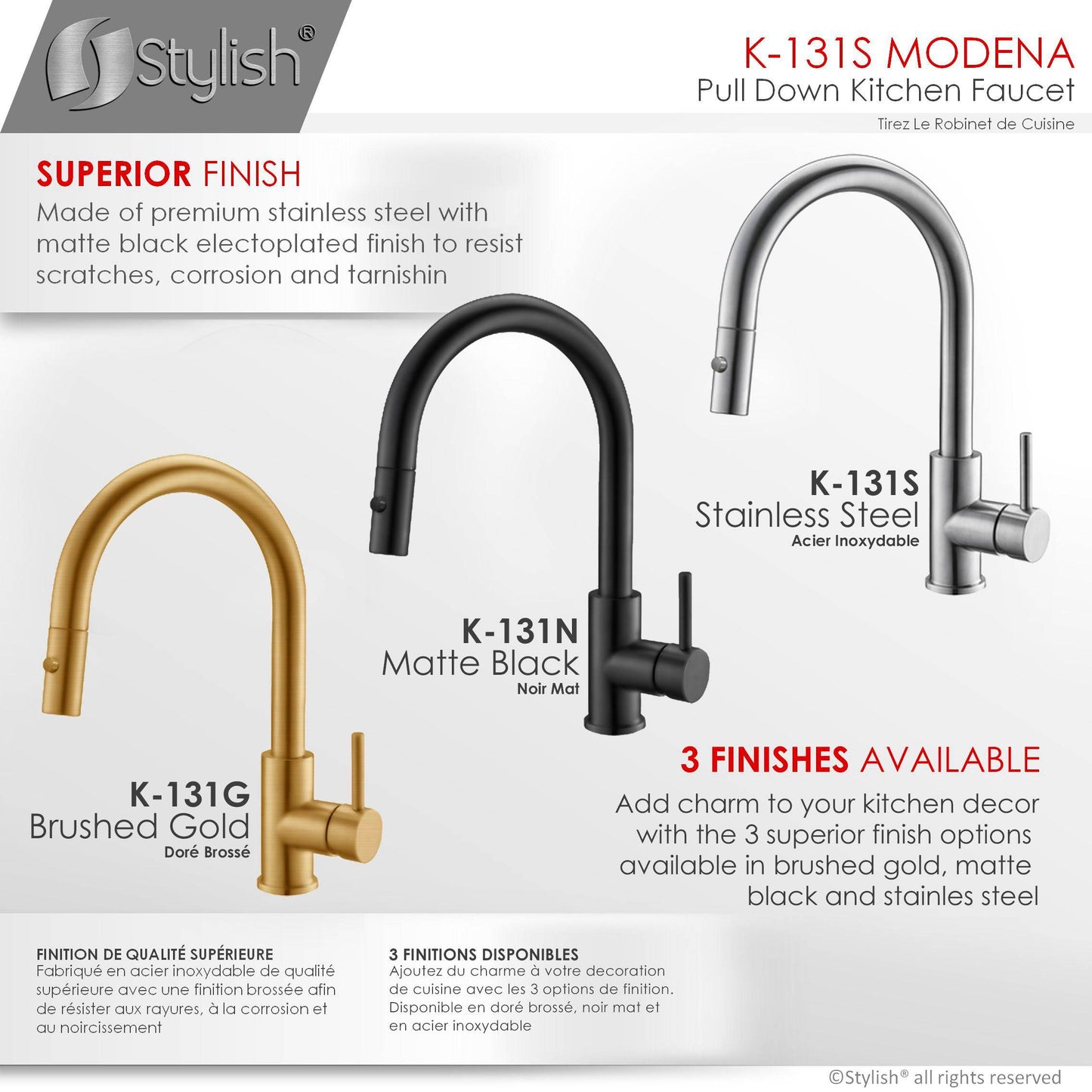 Stylish Modena 14" Kitchen Faucet Single Handle Pull Down Dual Mode Stainless Steel Brushed Finish K-131S - Renoz