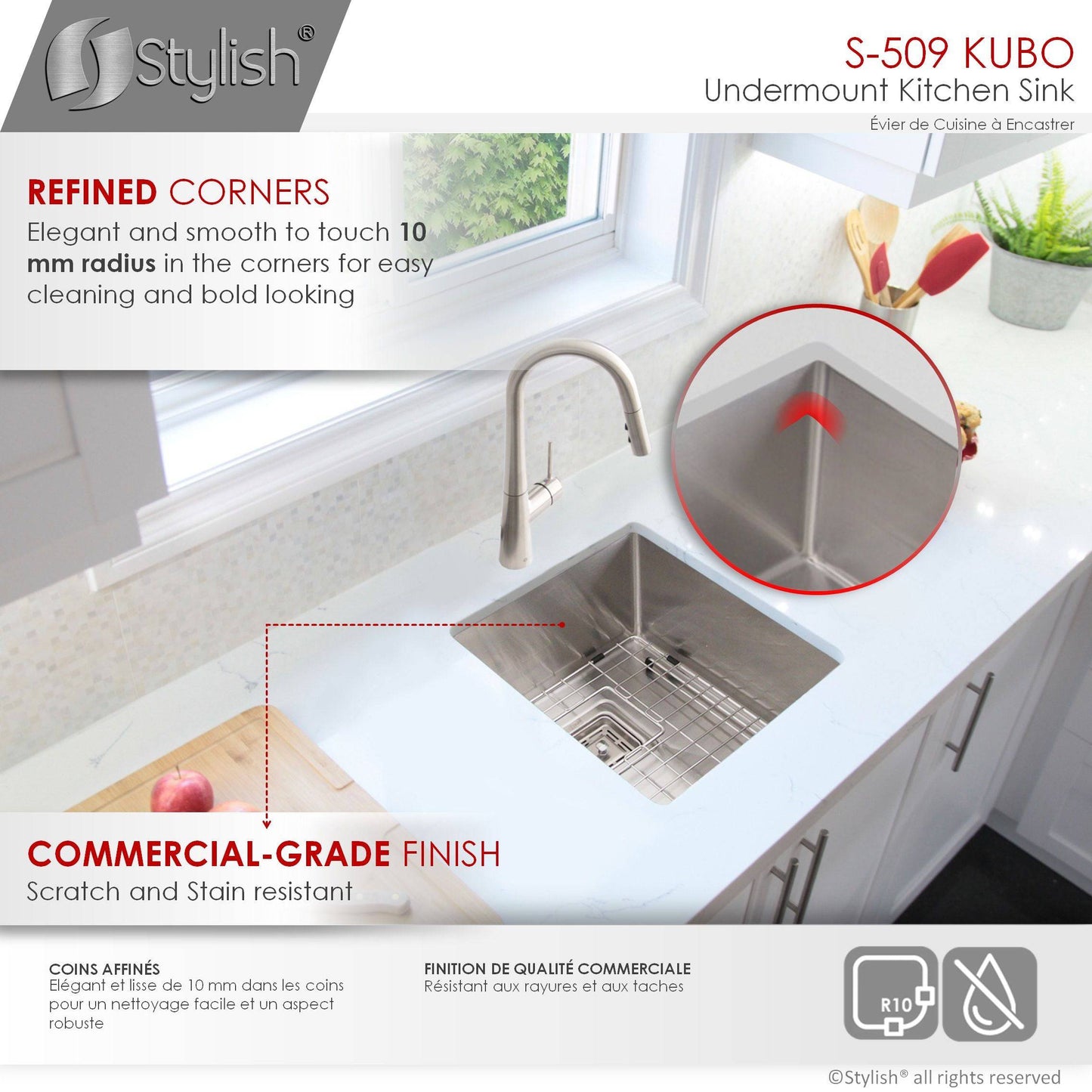 Stylish Kubo 16" x 18" Single Bowl Stainless Steel Kitchen Sink with Square Strainer S-509XG